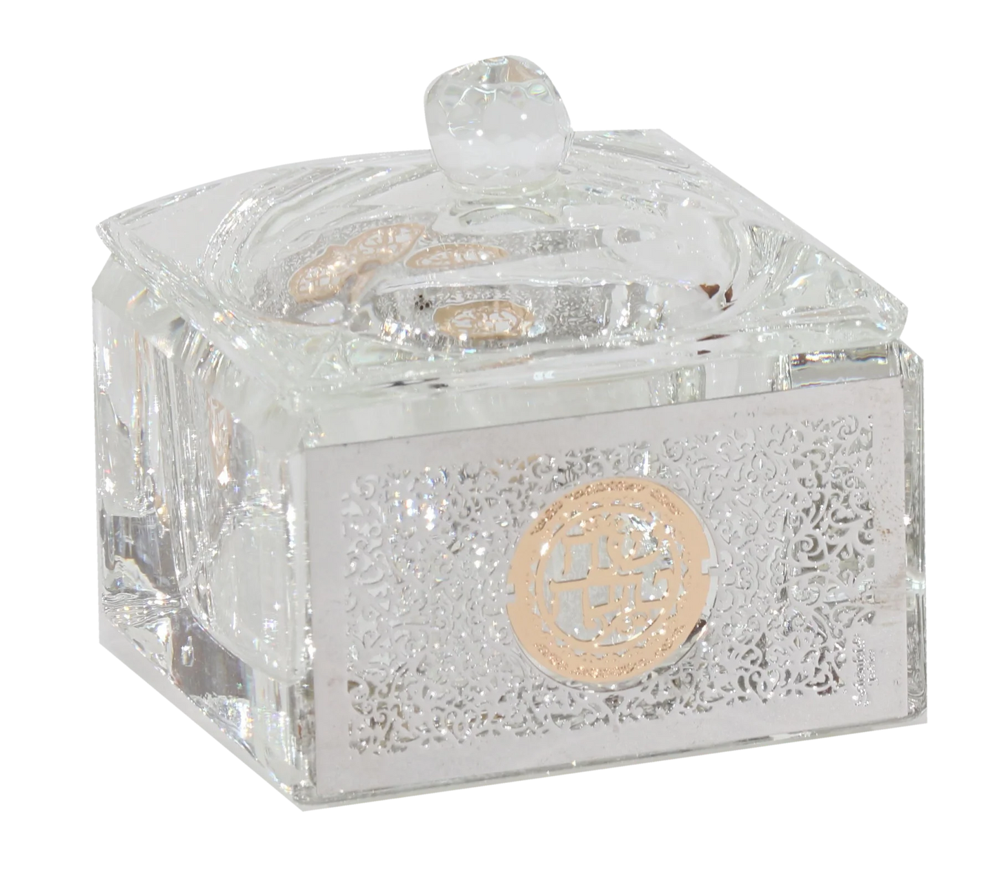 Decorative crystal box with intricate designs and a gold emblem on a white background - AFH Bargains