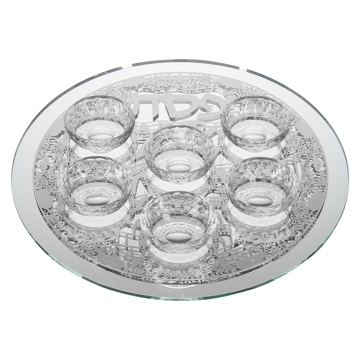 Round glass passover seder plate with multiple small glass bowls on a white background - AFH Bargains