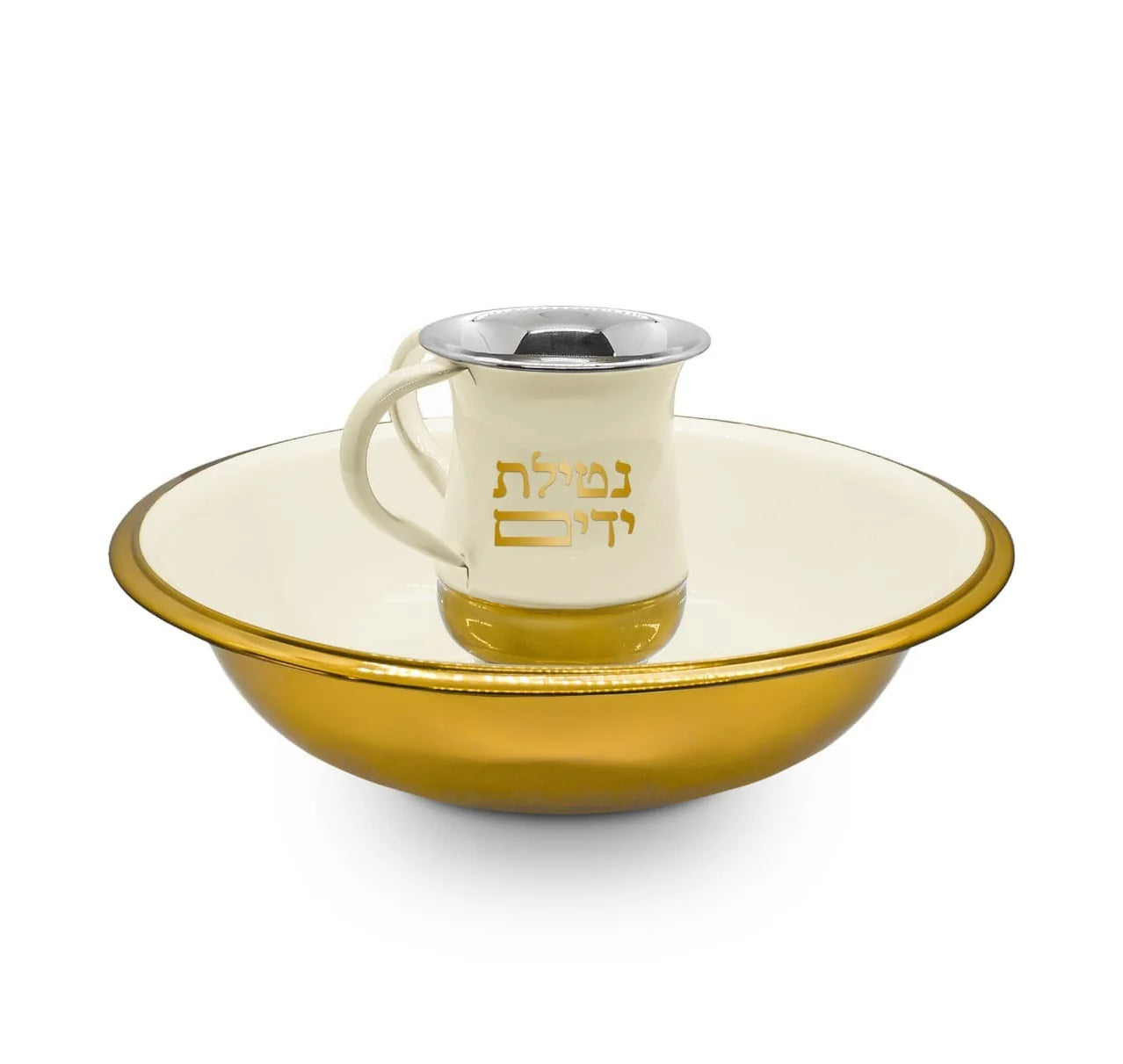 Ceramic cup with gold rim and Hebrew text on a white background - afh bargains