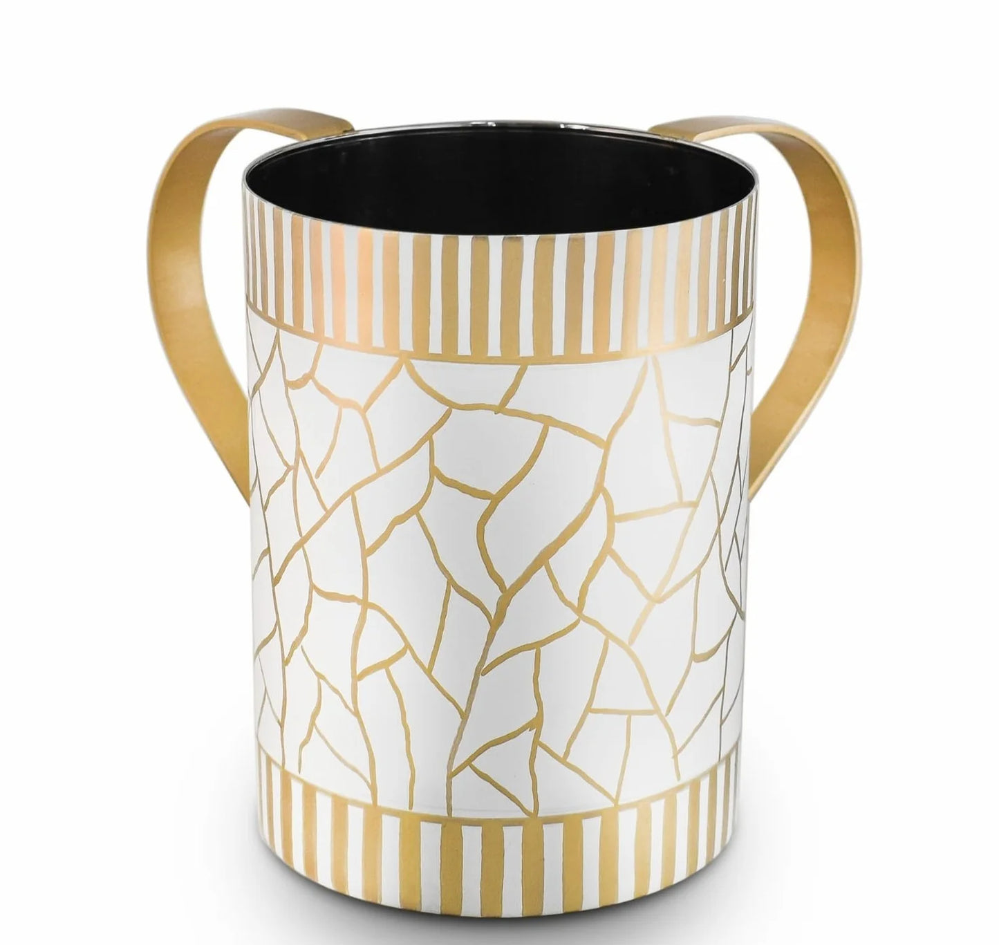 washing cup with gold geometric pattern and striped design on a white background - AFH bargains
