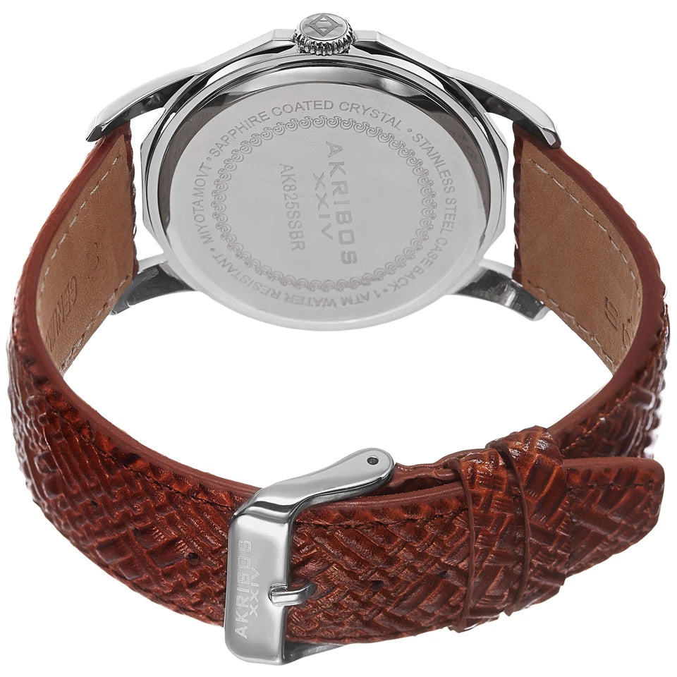Akribos XXIV Silver Tone Case on Brown Strap, Gold Dial with Silver Tone Hands
