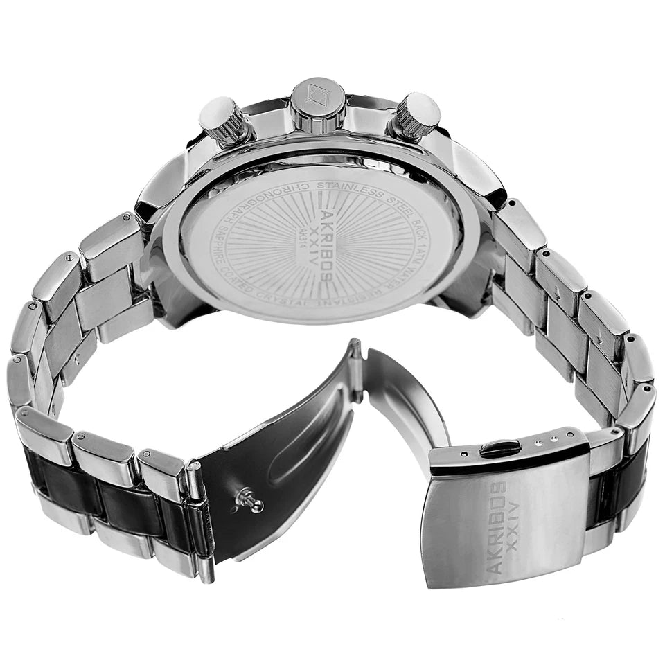 Akribos XXIV Silver and Black Ion Plated Alloy Case on Silver and Black Bracelet, Black Dial with Black Hands
