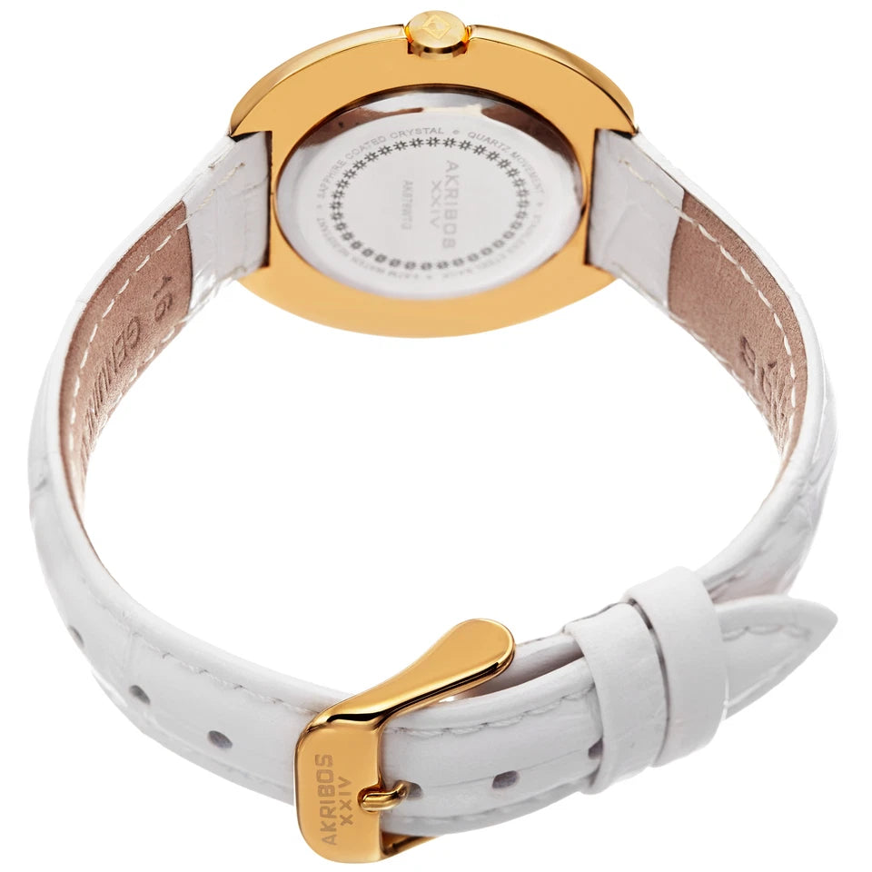 Akribos XXIV Gold Tone Case on White Strap, White Mother of Pearl Dial with Gold Tone Hands