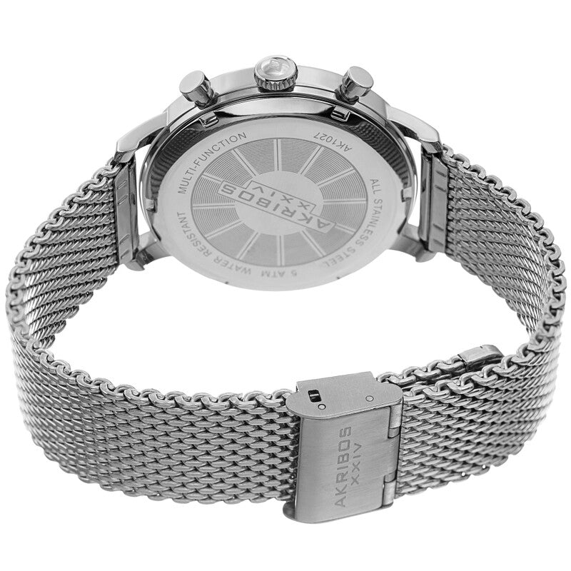 Akribos XXIV Silver Tone Case on Silver Tone Mesh Bracelet, Blue Dial with Silver Hands