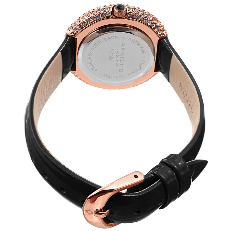 Akribos XXIV Gold Tone Ion Plated Swarovski Crystal Studed Case with White MOP Dial and Black Patent Leather Strap