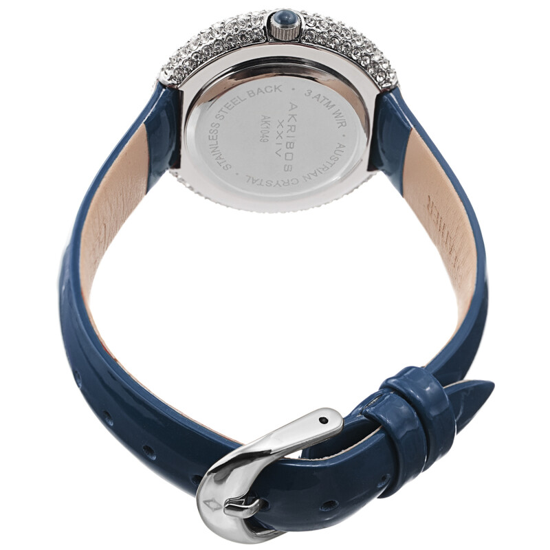 Akribos XXIV Silver Ion Plated Swarovski Crystal Studed Case with White MOP Dial and Blue Patent Leather Strap
