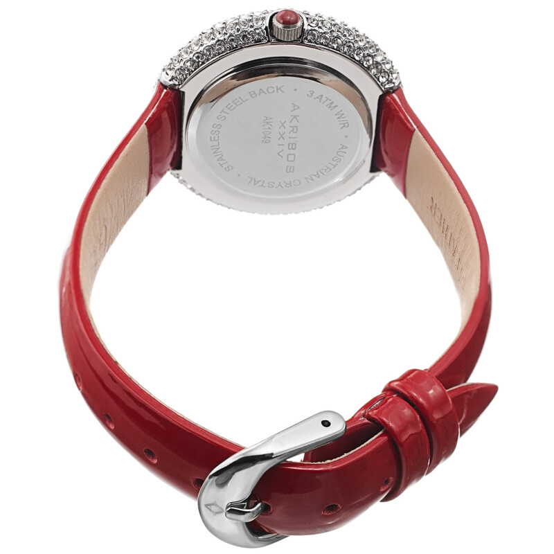 Akribos XXIV Silver Ion Plated Swarovski Crystal Studed Case with White MOP Dial and Red Patent Leather Strap