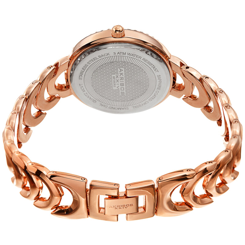 Akribos XXIV Ion Plated Rose Gold Tone Watch with Crystals on the Case, Rose Gold Glitter Dial and Diamond Markers