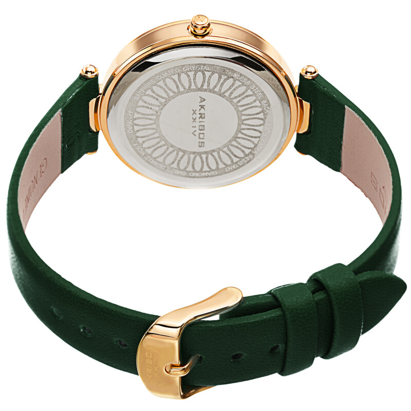 Akribos XXIV Ion Plated Gold Tone Case with Diamond on Circular Pattern MOP Dial, on a Dark GreenLeather Strap
