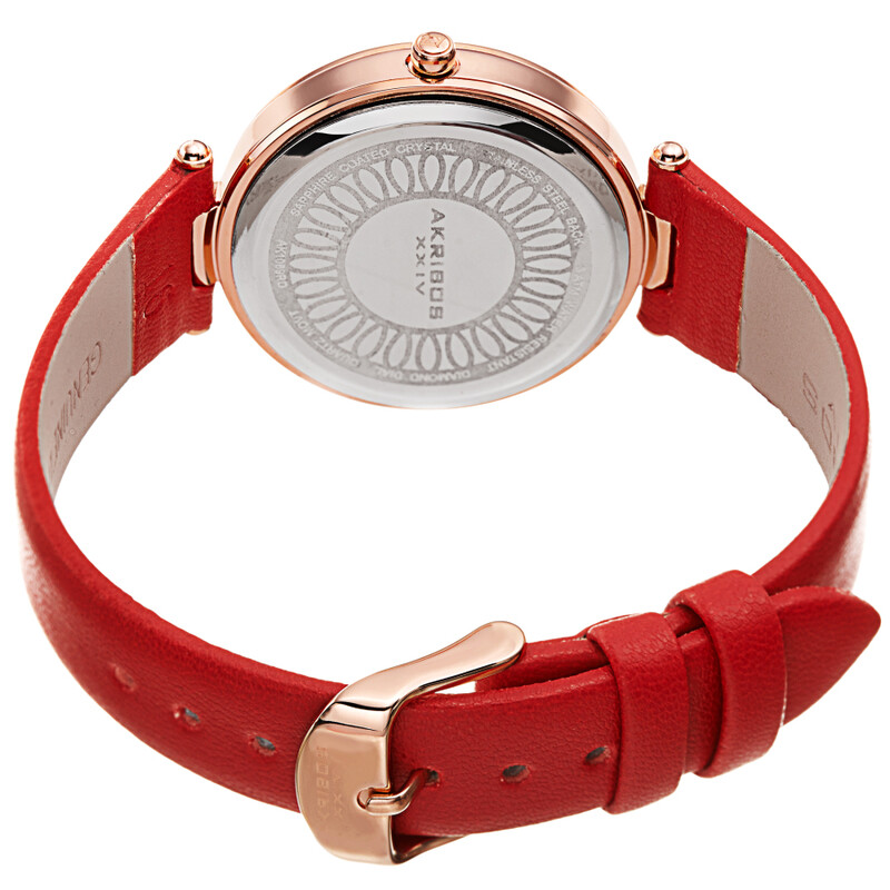 Akribos XXIV Ion Plated Gold Tone Case with Diamond on Circular Pattern MOP Dial, on a Red Leather Strap