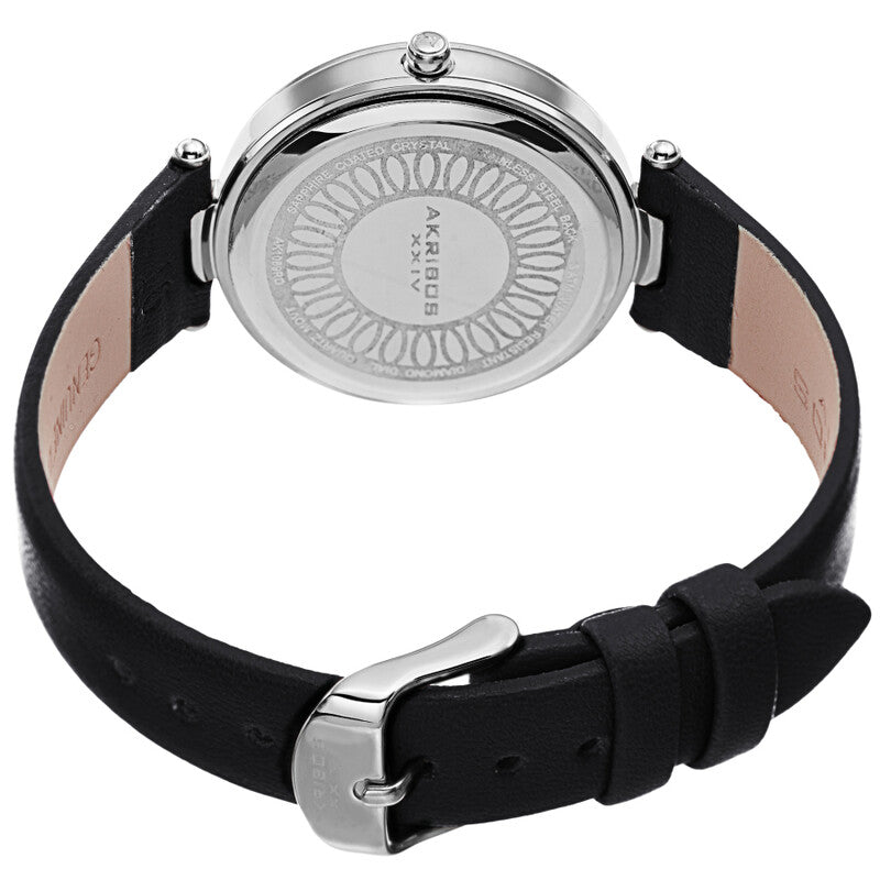 Akribos XXIV Ion Plated Silver Tone Case with Diamond on Circular Pattern MOP Dial, on a Black Leather Strap