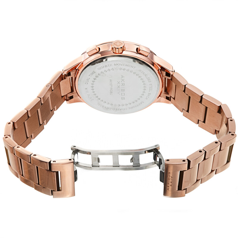 Akribos XXIV Ion Plated Rose Gold Tone Case Chronograph Watch with Rose Gold Tone Link Bracelet and Blue Dial