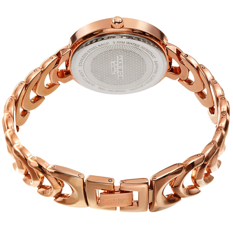 Akribos XXIV Ion Plated Rose Gold Tone Watch with Faceted Crystal on the Case, Silver Glitter Dial and Diamond Markers