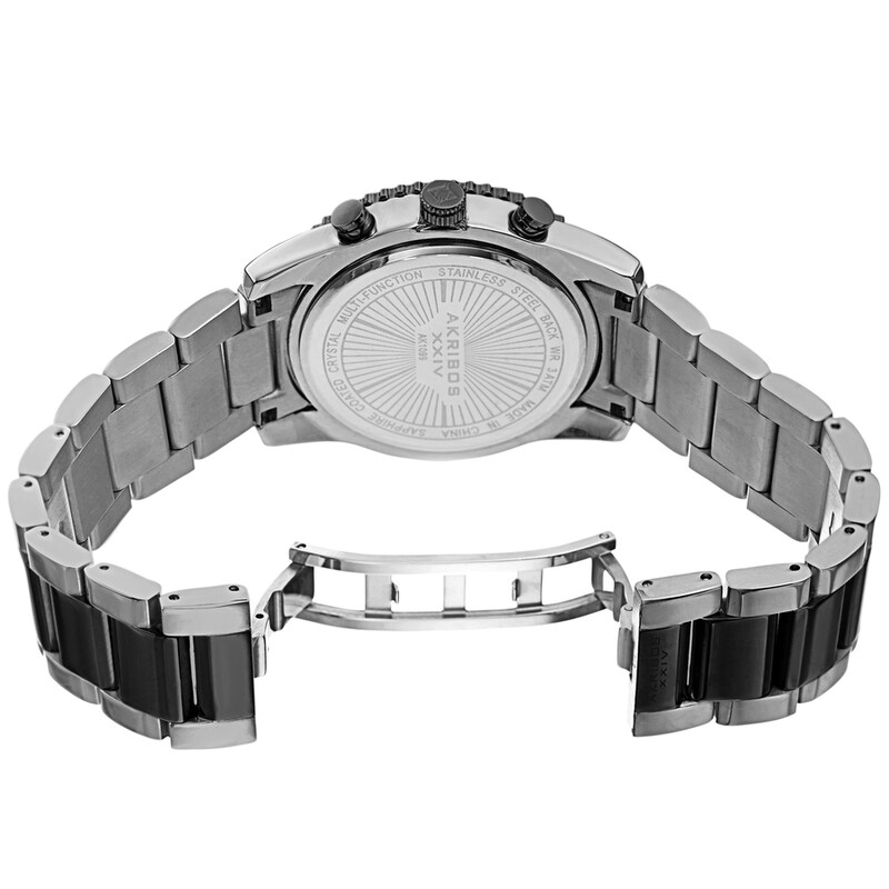 Akribos XXIV Two Tone Silver and Black Ion Plated Case with Grooved Bezel, Black Dial, on Two Tone Silver and Black Plated Bracelet
