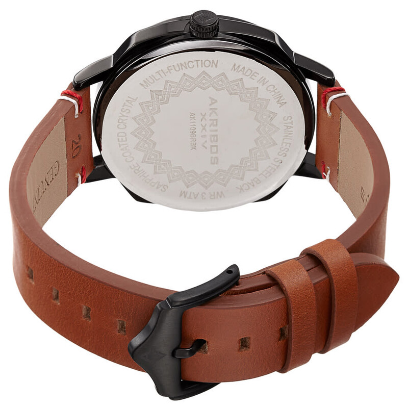 Akribos XXIV Ion Plated Black Tone Case, Full Luminous Dial, on a Brown Leather Strap with Contrast Stitch Feature