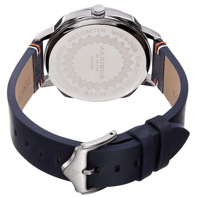 Akribos XXIV Ion Plated Silver Tone Case, Full Luminous Dial, on a Blue Leather Strap with Contrast Stitch Feature