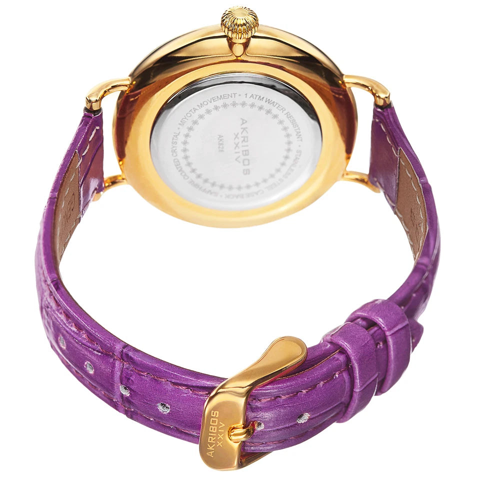 Akribos XXIV Yellow Gold Tone Alloy Case on Purple Strap, Yellow Gold Dial with Gold Tone Hands