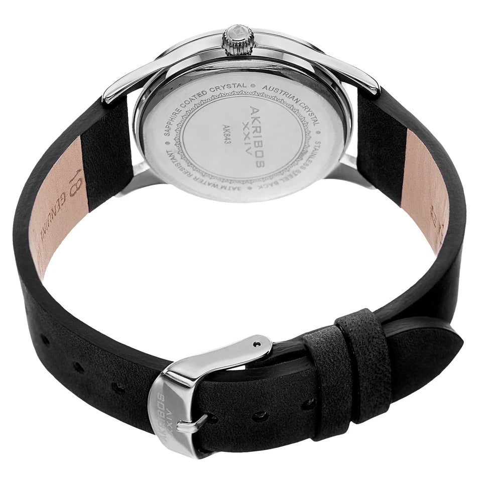 Akribos XXIV Silver case, Silver dial, Black (Nero) crazy horse leather strap, Swarovski crystals, 1 genuine diamond, Rose-tone bubbles on dial