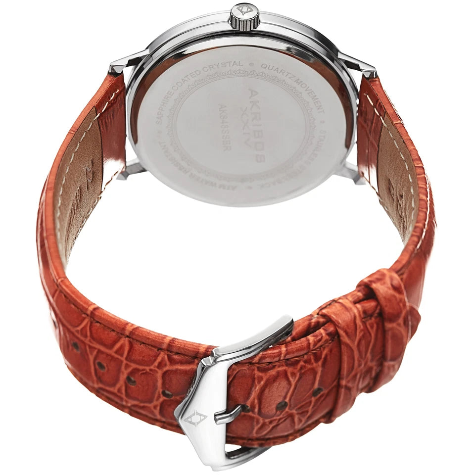 Akribos XXIV Silver Tone Case on Cognac Strap, Silver Dial with Silver Tone Hands