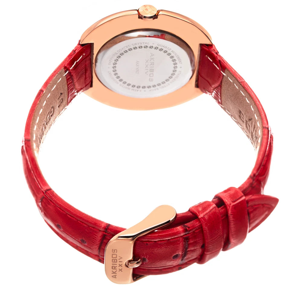 Akribos XXIV Rose Gold Tone Case on Red Strap, White Mother of Pearl Dial with Rose Gold Tone Hands