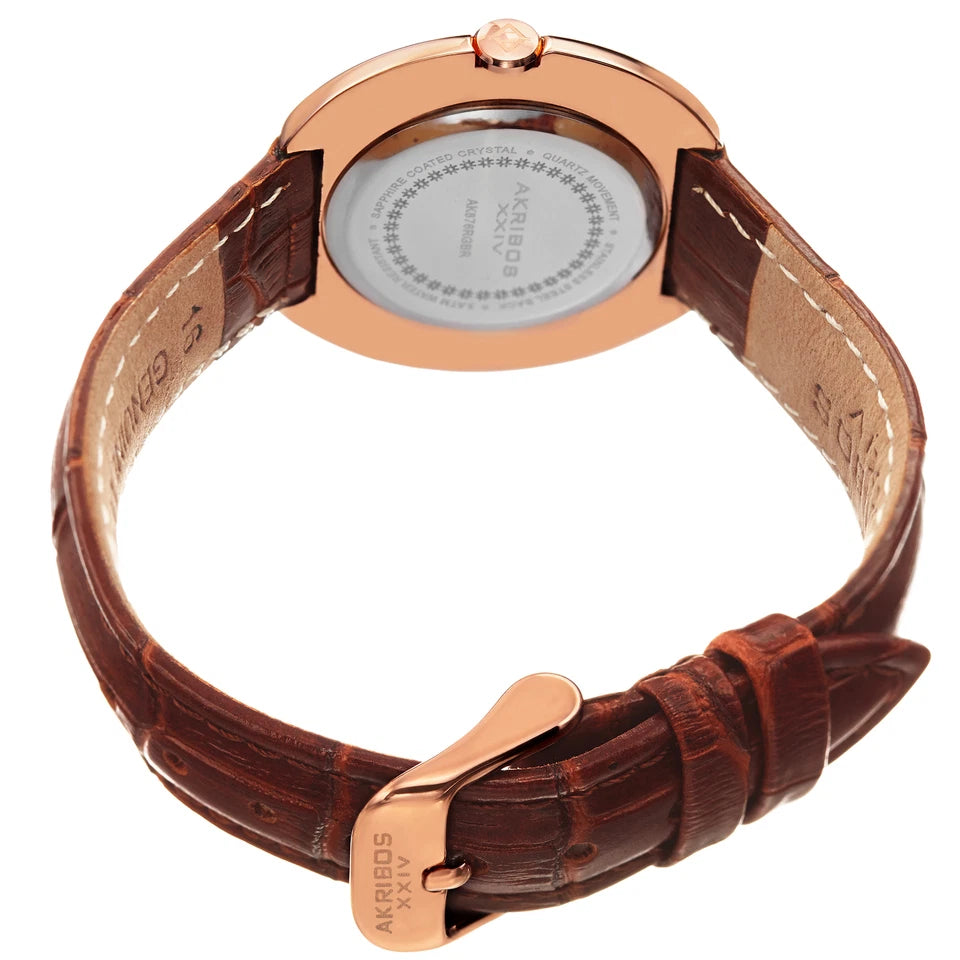 Akribos XXIV Rose Gold Tone Case on Brown Strap, White Mother of Pearl Dial with Rose Gold Tone Hands