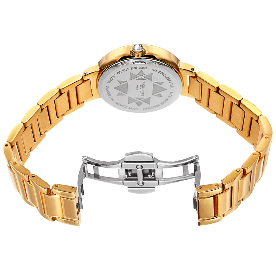 Akribos XXIV Gold Tone Case on Yellow Gold Bracelet, White Mother of Pearl Dial with Gold Tone Hands