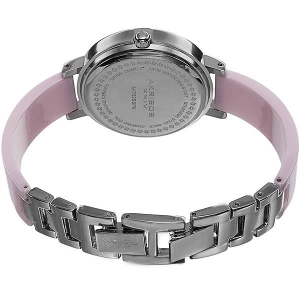 Akribos XXIV Silver Alloy Flashed Case on Pink and Silver Bangle, White mother of Pearl Dial with Silver Tone Hands