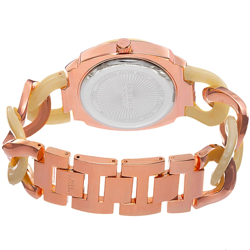 Akribos XXIV Rose Gold Flashed Alloy Case on Rose Gold and Cream Bracelet, Rose Gold Dial with Rose Gold Tone Hands