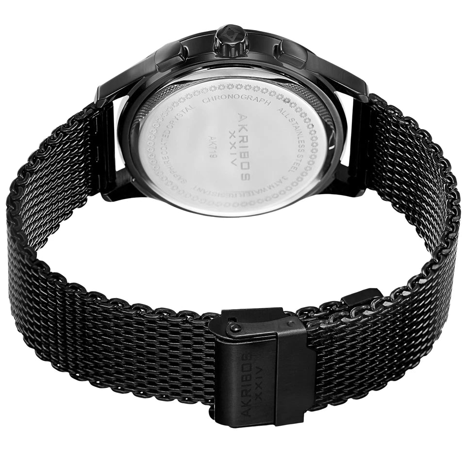 Akribos XXIV Black Ion Plated Stainless Steel Case on Black Bracelet, Black Dial with Silver Tone Hands