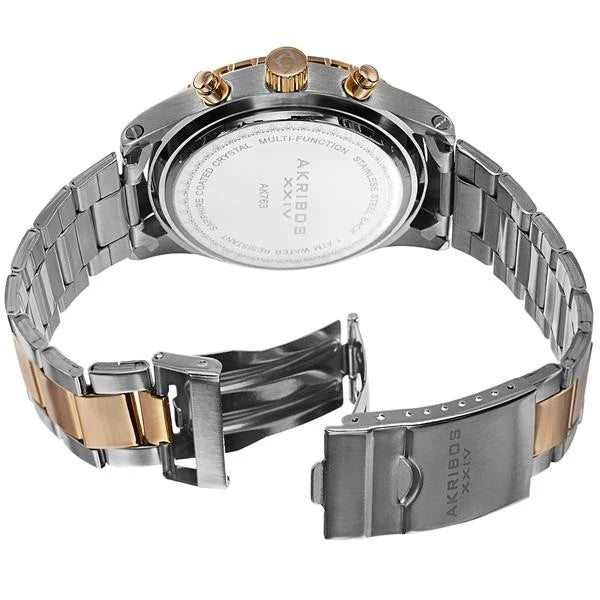 Akribos XXIV Two Tone Alloy Flashed Case on Two Tone Bracelet, Black Dial with Gold Tone Luminescent Hands