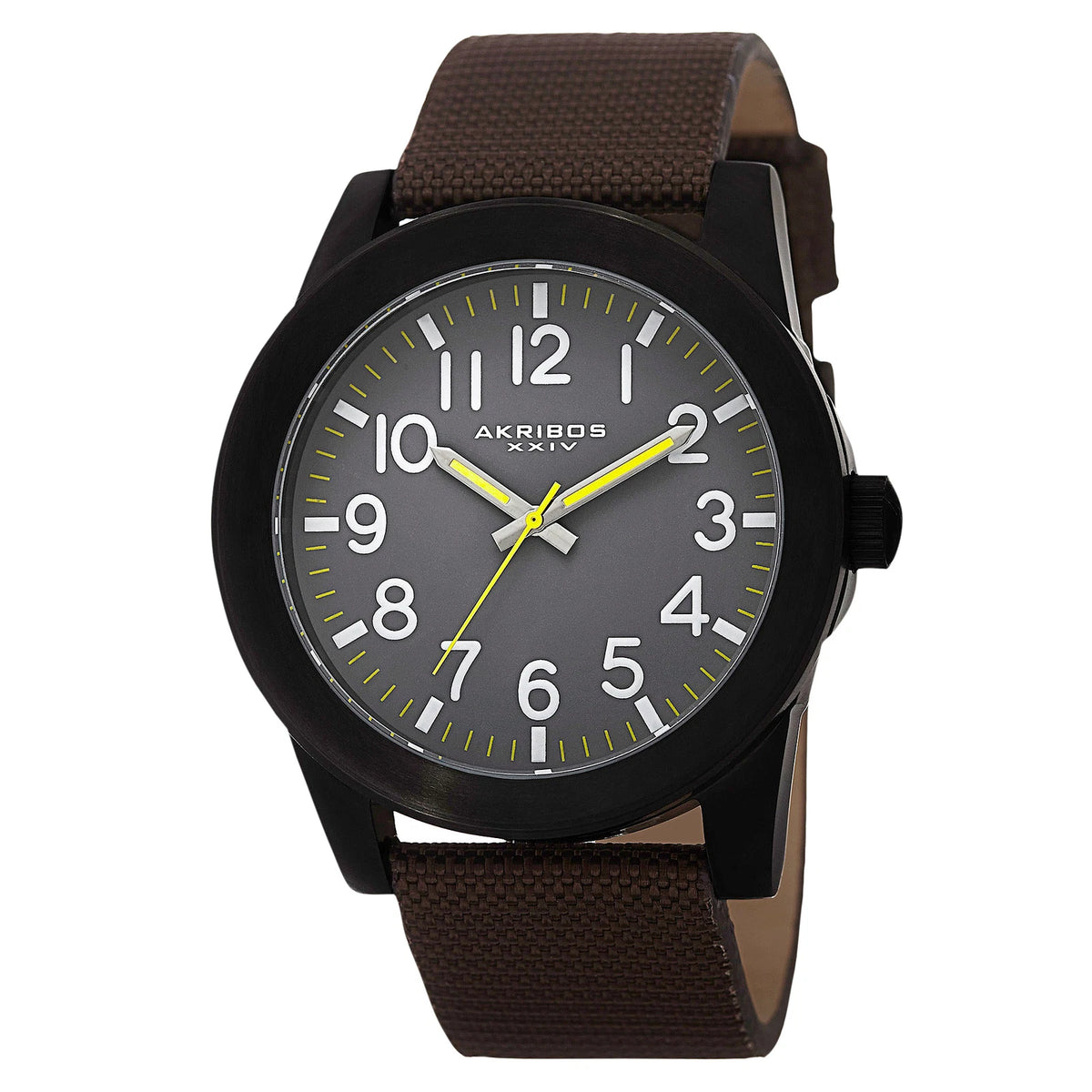 Akribos XXIV Black Ion Plated Stainless Steel Case on Brown Strap, Gray Dial with White Hands