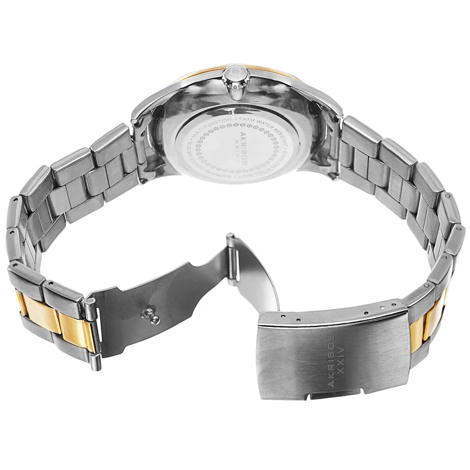 Akribos XXIV Two Tone Flashed Alloy Case on Two Tone Bracelet, Black Dial with Gold Tone Hands