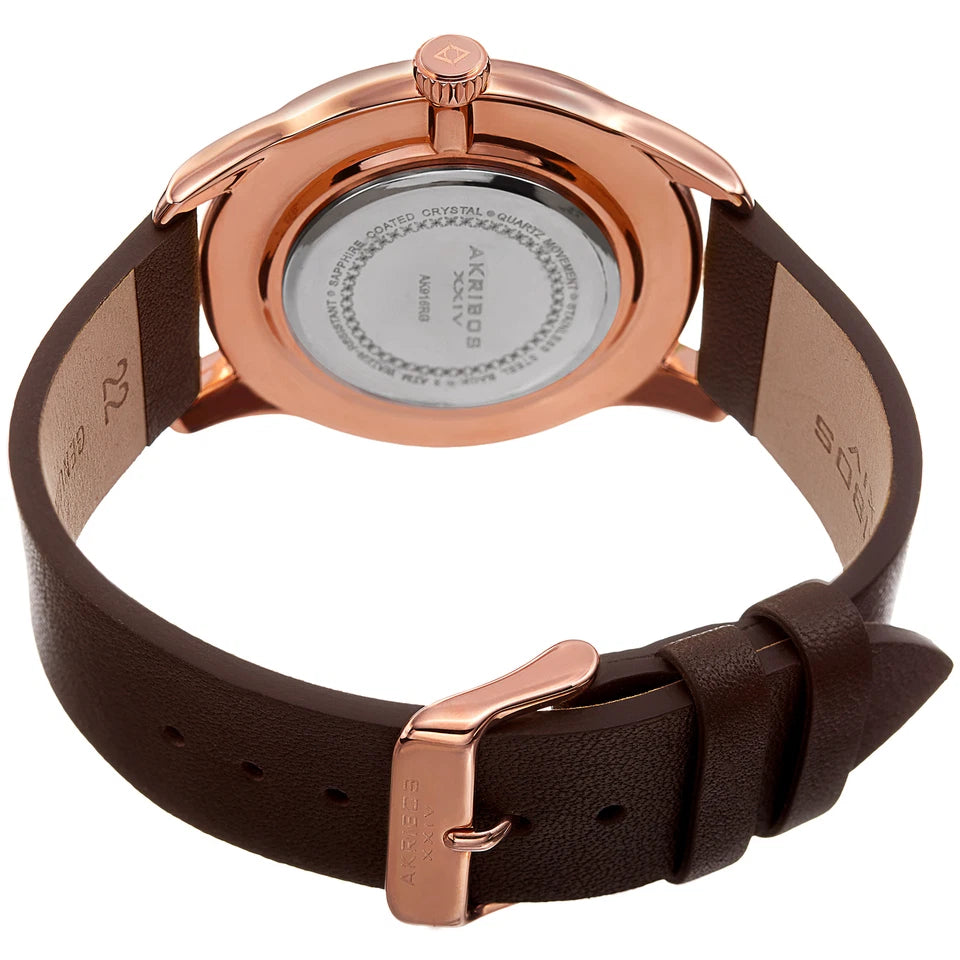 Akribos XXIV Rose Gold Tone Case on Brown Strap, Black Dial with Rose Gold Tone Hands