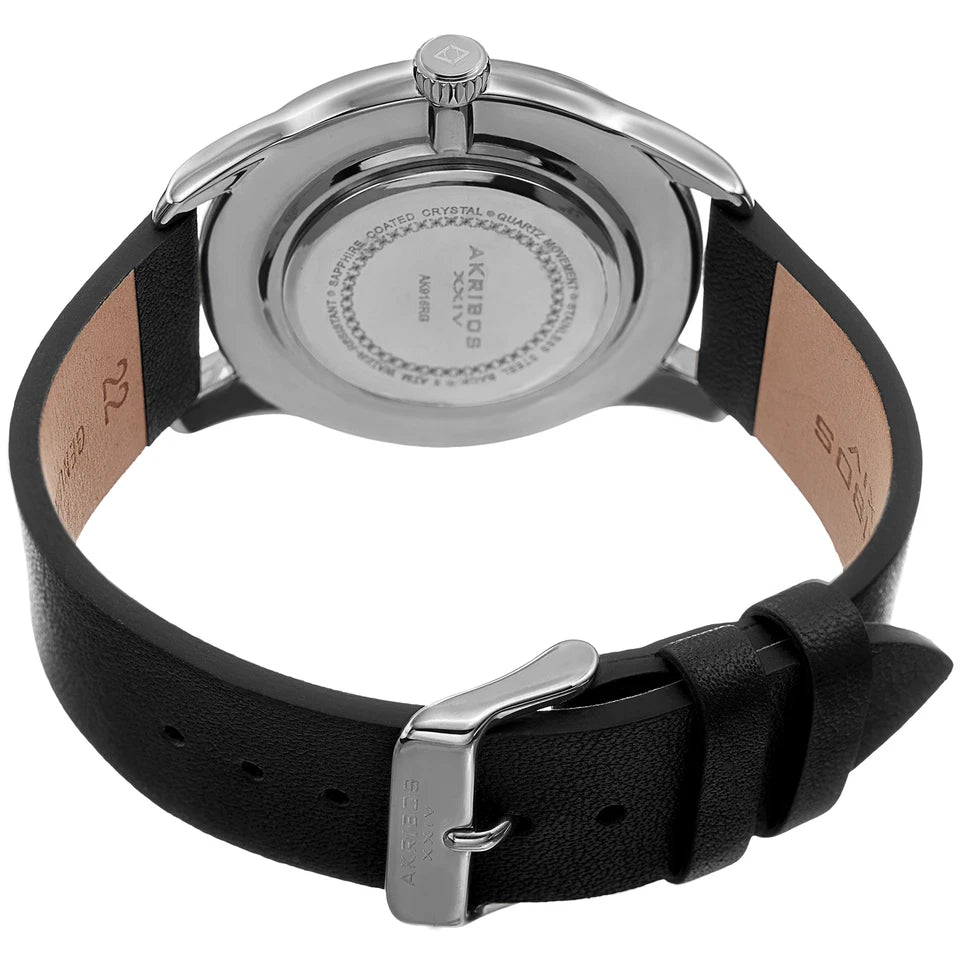 Akribos XXIV Silver Tone Case on Black Strap, Black Dial with Silver Tone Hands