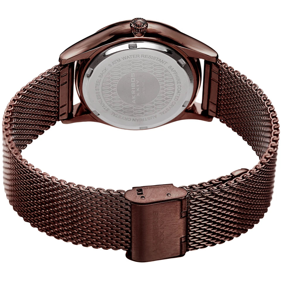 Akribos XXIV Brown Ion Plated Round Case Watch with Swarovski Crystals on Brown Mesh Bracelet with Silver Dial