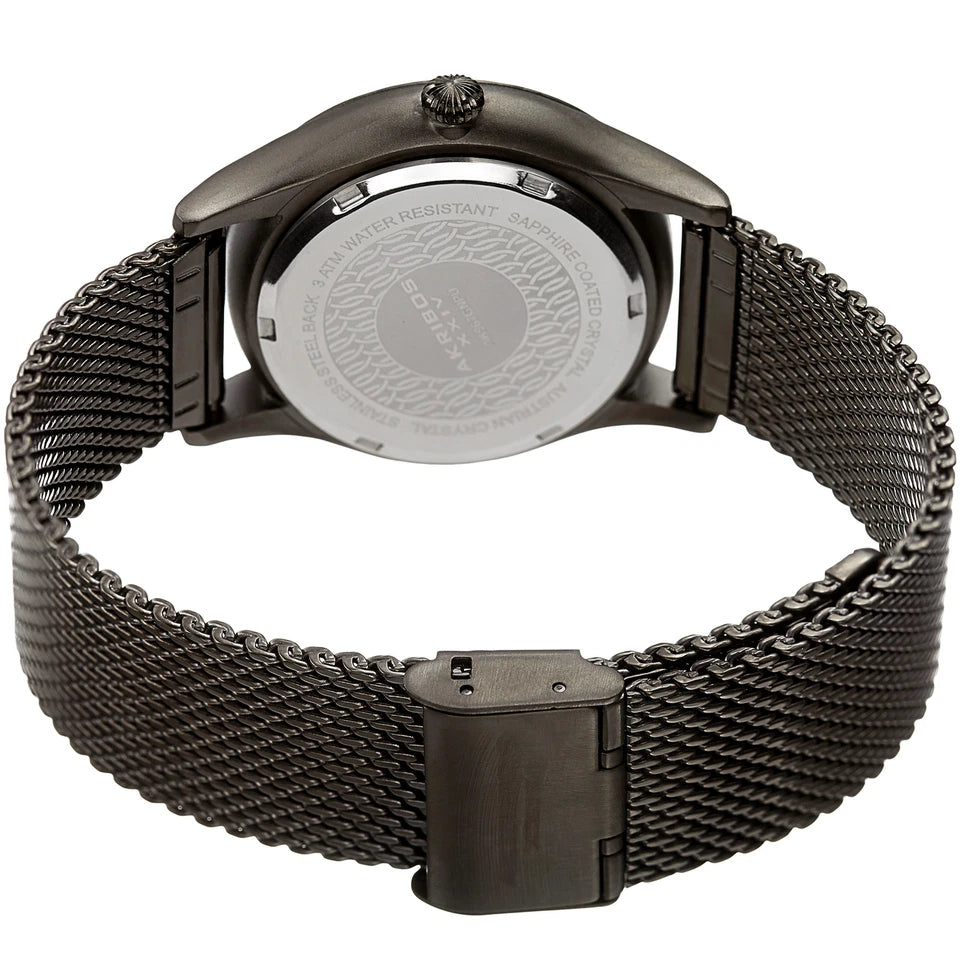 Akribos XXIV Gunmetal Ion Plated Round Case Watch with Swarovski Crystals on Gunmetal Tone Mesh Bracelet with Purple Dial