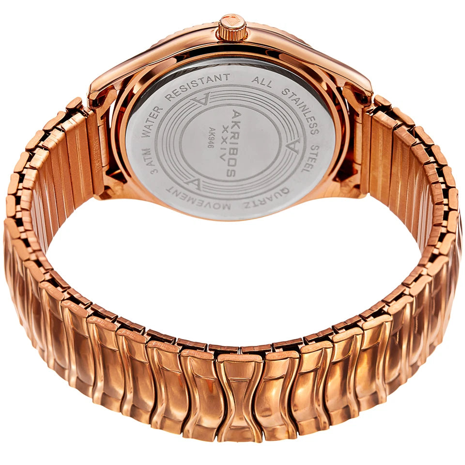 Akribos XXIV Rose Gold Tone Case on Rose Gold Bracelet, Silver Dial with Rose Gold Tone Hands
