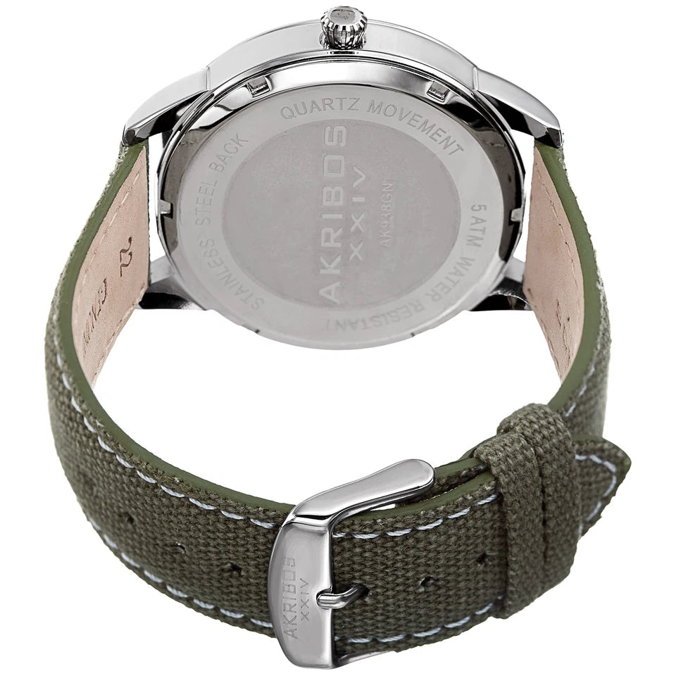 Akribos XXIV Silver Tone Case on Olive Green Strap, Olive Green Dial with Black Hands