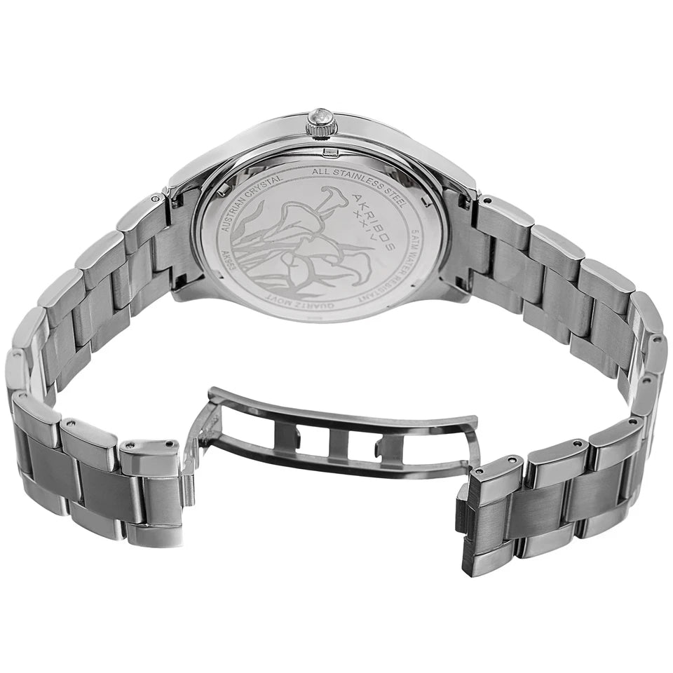 Akribos XXIV Stainless Steel Case on Stainless Steel Bracelet, Purple Mother-of-Pearl Dial with Silver Tone Hands