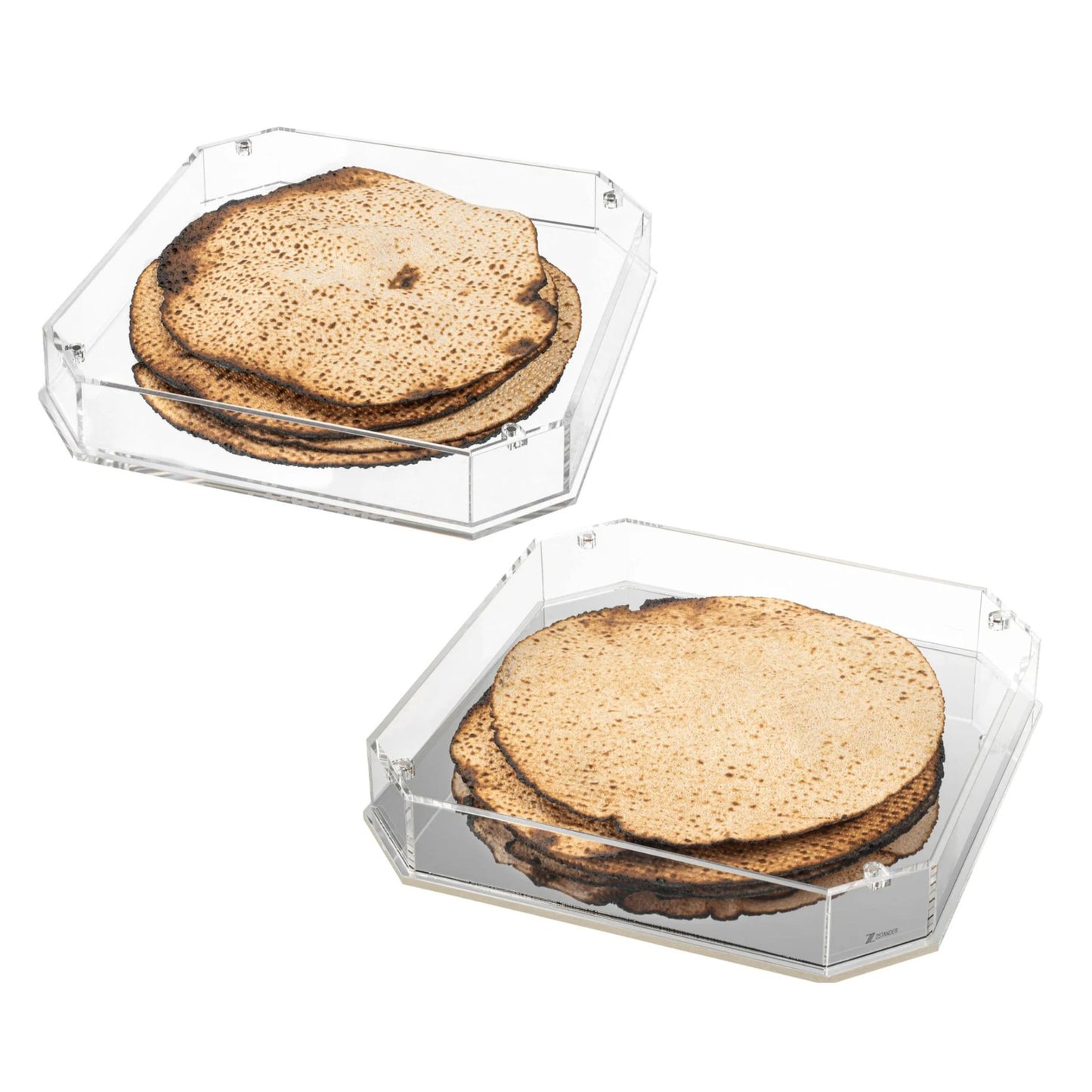 Two hexagonal clear containers with stacked matzahs on a white background - AFH bargains