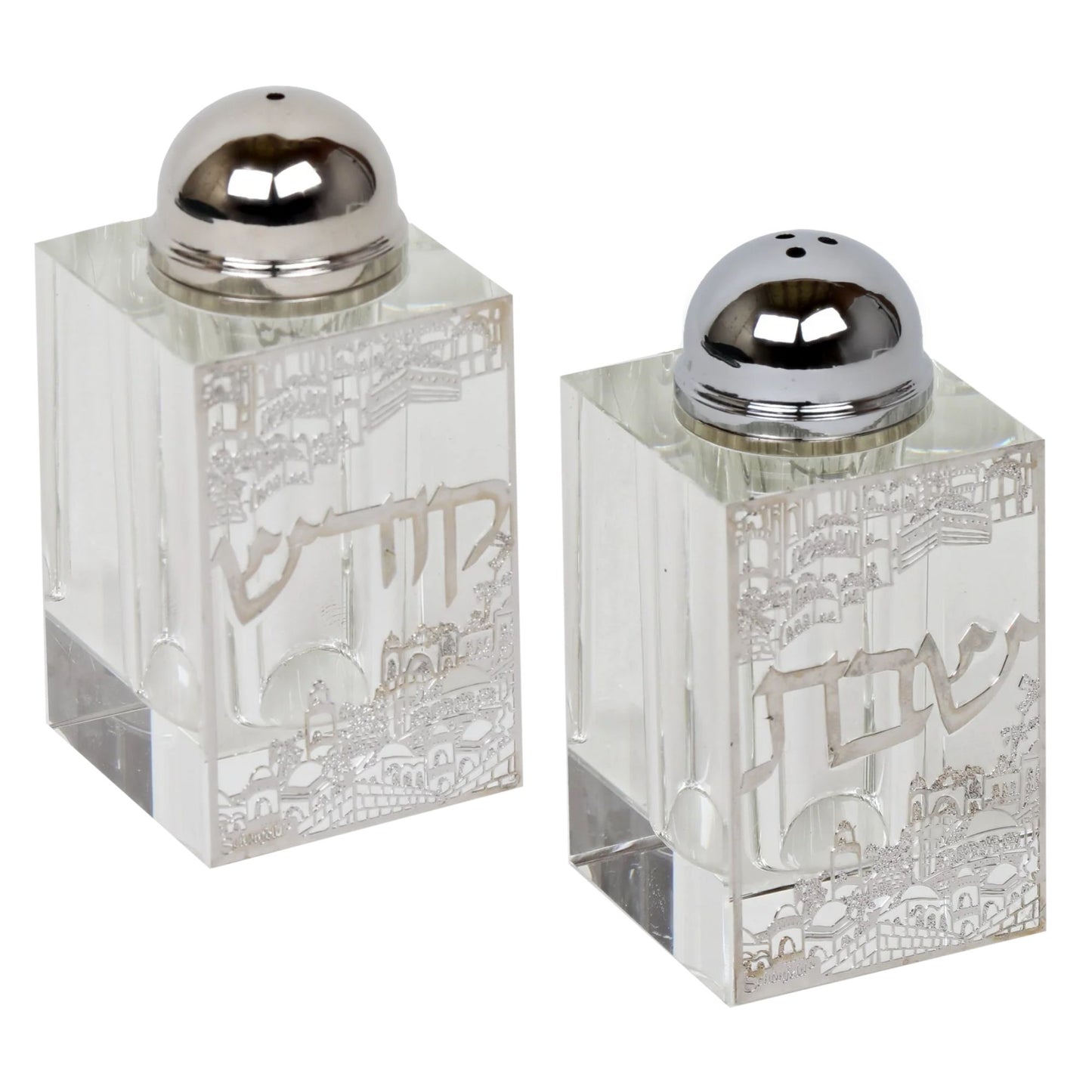 Two crystal salt and pepper shakers with silver lids on a white background - AFH Bargains