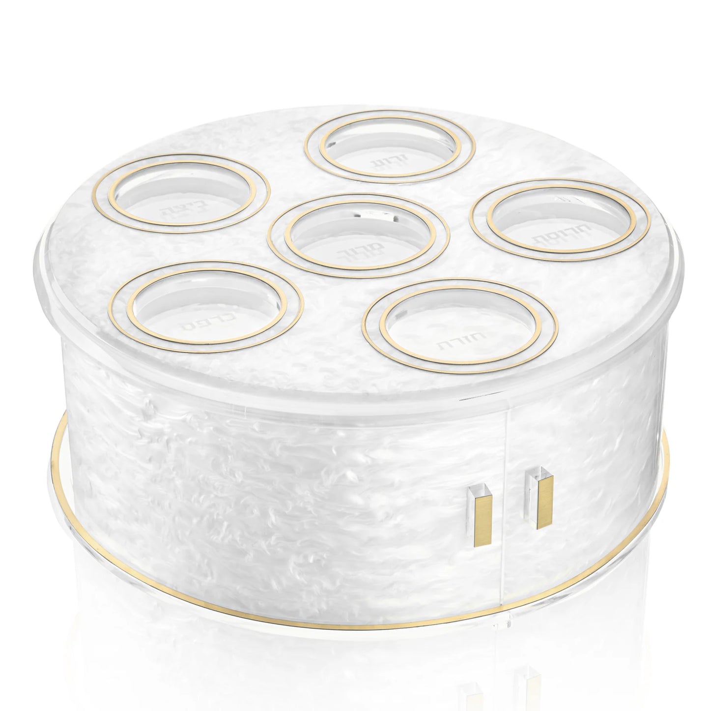 White and gold 3 tier seder plate with multiple circular compartments on a white background - FH Bargains