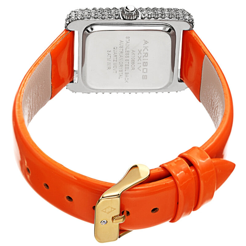 Akribos XXIV Swarovski Crystal Studded Silver Tone Tank-Shaped Case, Orange Patent Leather Strap, Silver Dial and Gold Tone Applied Markers