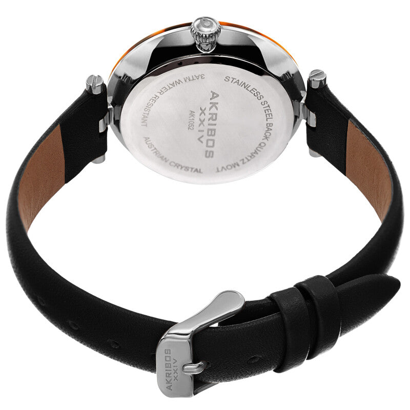 Akribos XXIV Silver Tone Case with Tortoise Shell Bezel, Black Dial and Leather Strap, with Swarovski Crystal Markers