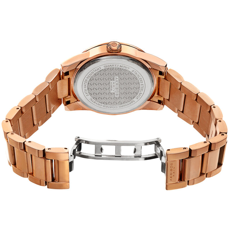 Akribos XXIV Ion Plated Rose Gold Tone Case and Rose Gold Tone Band with a Blue Curved Edge Vintage Dial