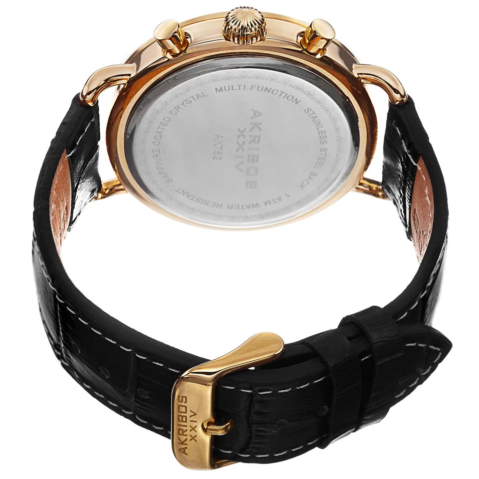 Akribos XXIV Yellow Gold Flashed Alloy Case on Black with White Stitching Strap, Black Dial with Gold Tone Hands
