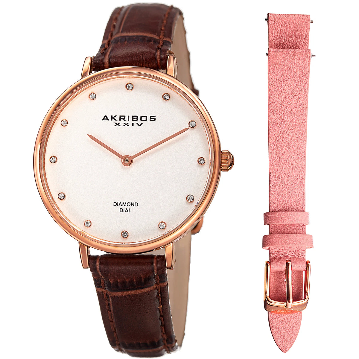 Akribos XXIV Rose Gold Tone Case on Brown Strap, Silver Dial with Rose Gold Tone Hands