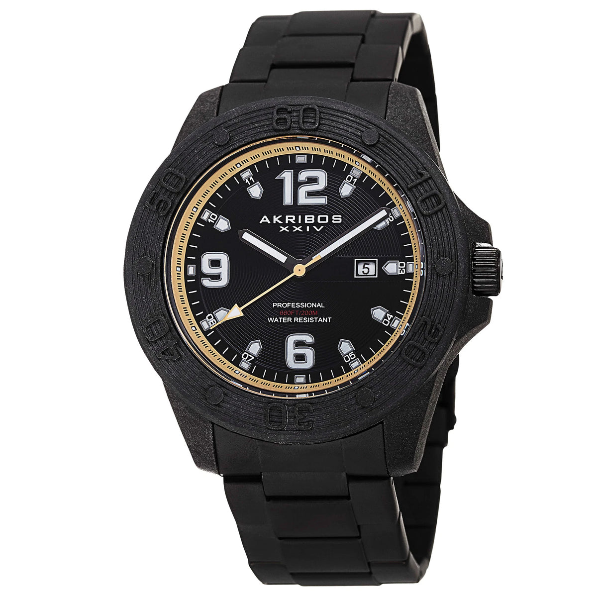 Akribos XXIV Black Ion Plated Carbon Fiber Case on Black Bracelet, Black and Tan Dial with Silver Tone Hands