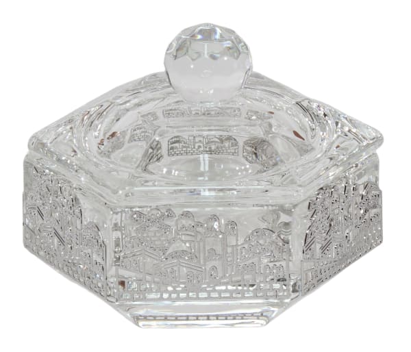 Hexagonal Jerusalem Skyline crystal candy dish with lid on a white background - AFH Bargains