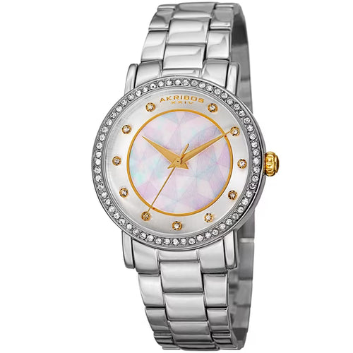 Akribos XXIV Silver Tone Case on Silver Bracelet, White Mother of Pearl and Silver Dial with Gold Tone Hands